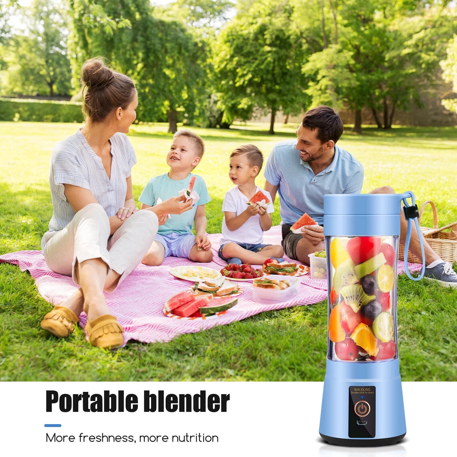 Licuadora Portátil para Batidos y Jugos de Frutas, Vaso Batidor Portátil, Recargable por USB, Capacidad de 350ML - Azul
