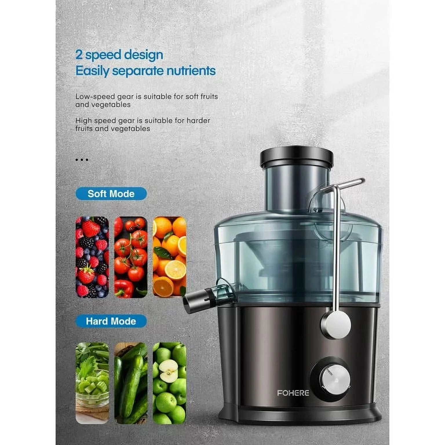 Extractor de Jugos Centrífugo de Máxima Potencia 1200W, con Boca Ancha de 3 Pulgadas y Función Antigoteo para Frutas y Verduras, 2 Velocidades, Fácil de Limpiar con Cepillo, Acero Inoxidable, 800W.