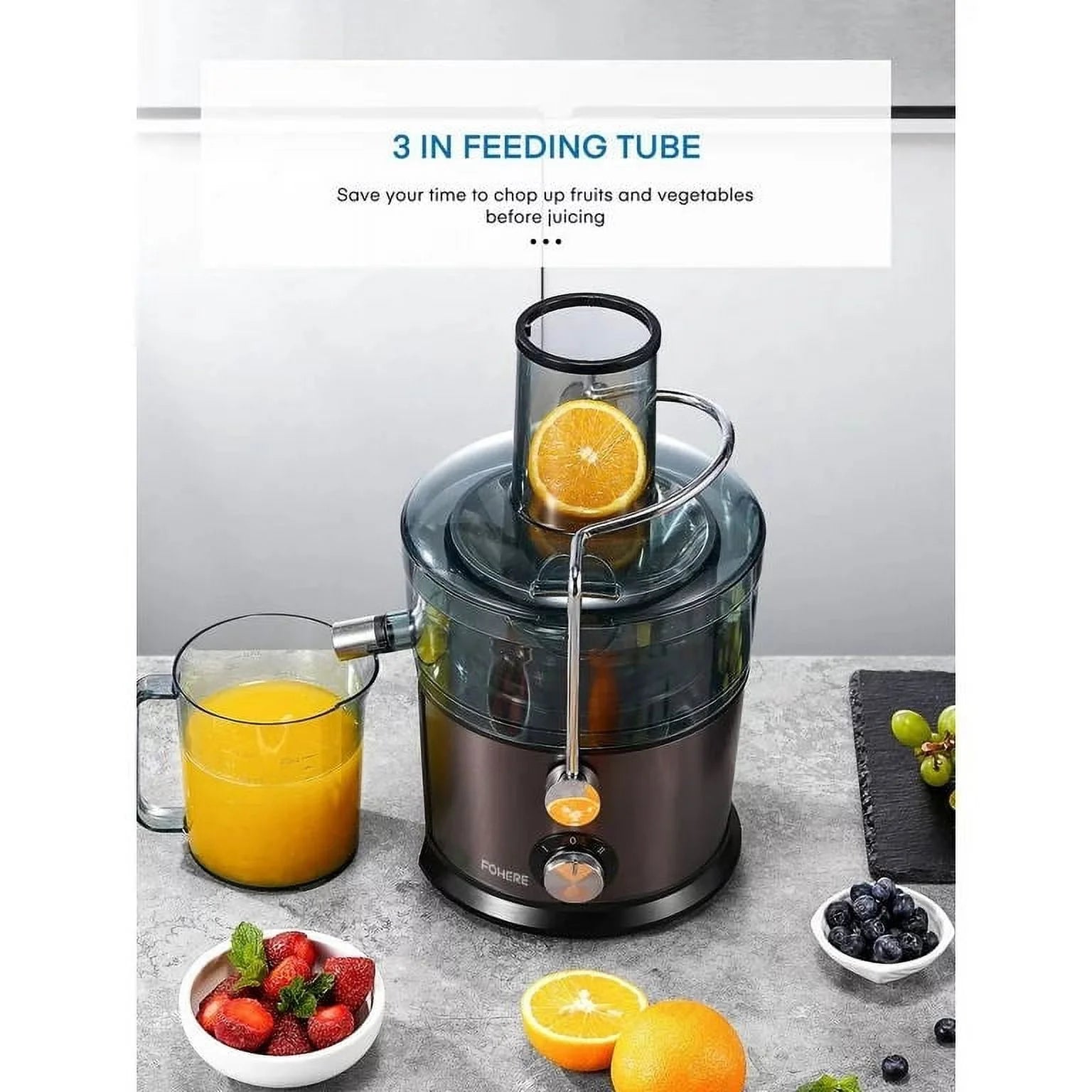 Extractor de Jugos Centrífugo de Máxima Potencia 1200W, con Boca Ancha de 3 Pulgadas y Función Antigoteo para Frutas y Verduras, 2 Velocidades, Fácil de Limpiar con Cepillo, Acero Inoxidable, 800W.