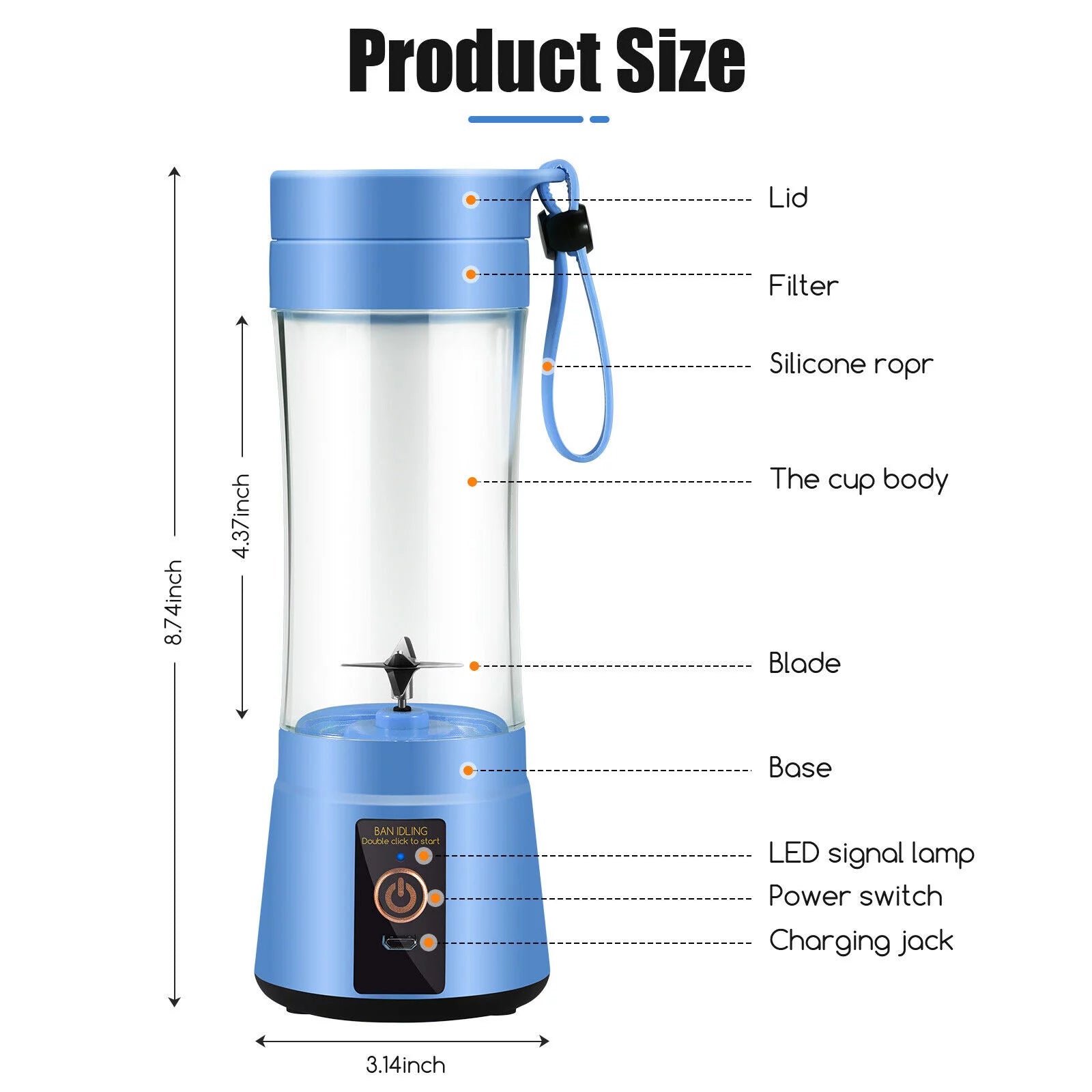 Licuadora Portátil para Batidos y Jugos de Frutas, Vaso Batidor Portátil, Recargable por USB, Capacidad de 350ML - Azul