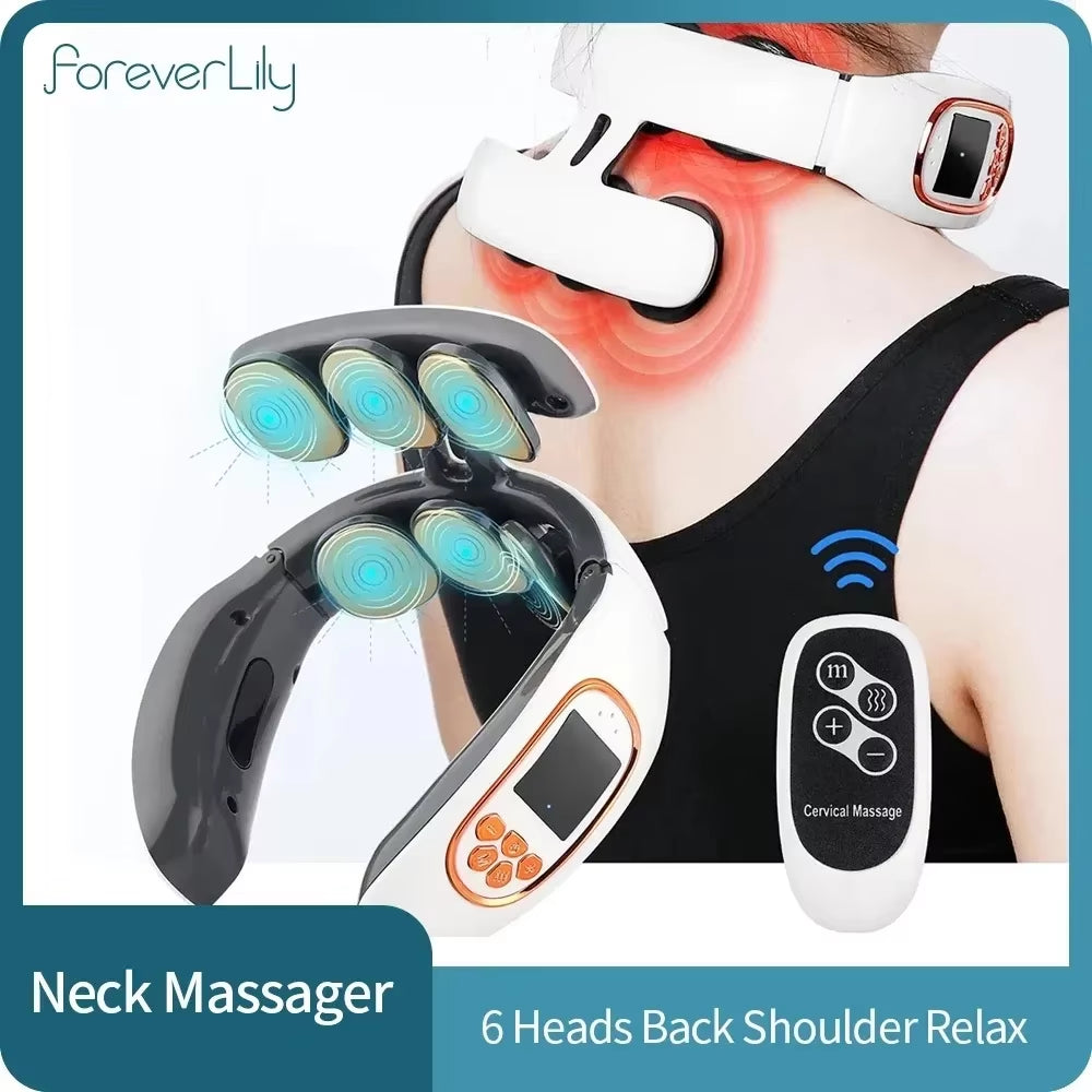 Masajeador Eléctrico Inalámbrico Inteligente de Cuello y Espalda de 6 Cabezales con Calor para Relajar la Vértebra Cervical y Amasar